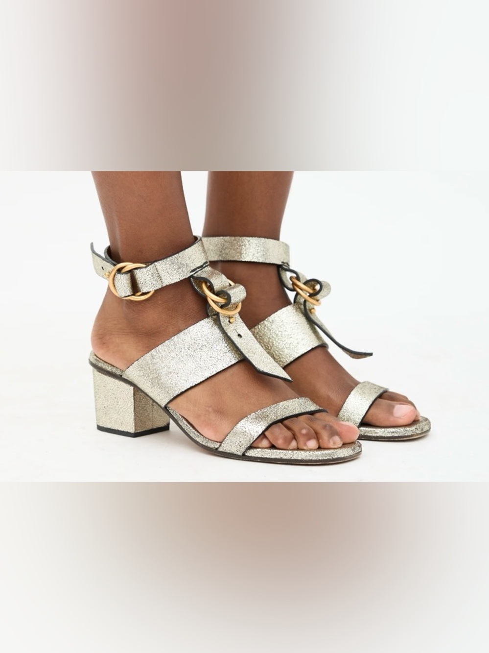 Chloe Kingsley T-Strap Flat Leather Sandal Metallic Gold Size 39 1/2 Authentic